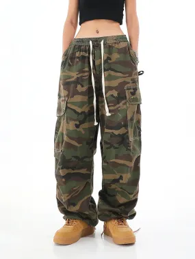 2022 Camouflage Women Cargo Pants Grunge Elastic Waist Hip Hop Sweatpants Unisex Joggers Trousers Vintage Pockets Wide Leg Pants