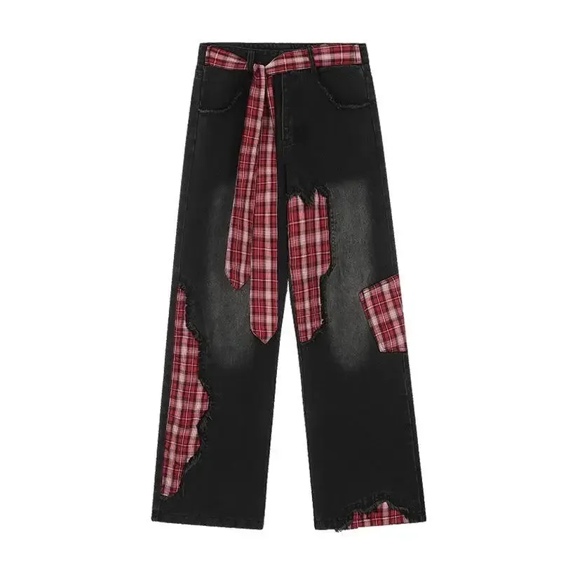 Amozae-American women retro bow tie tied jeans with grid splicing Harajuku Y2k loose casual slimming wide leg pants jeans woman