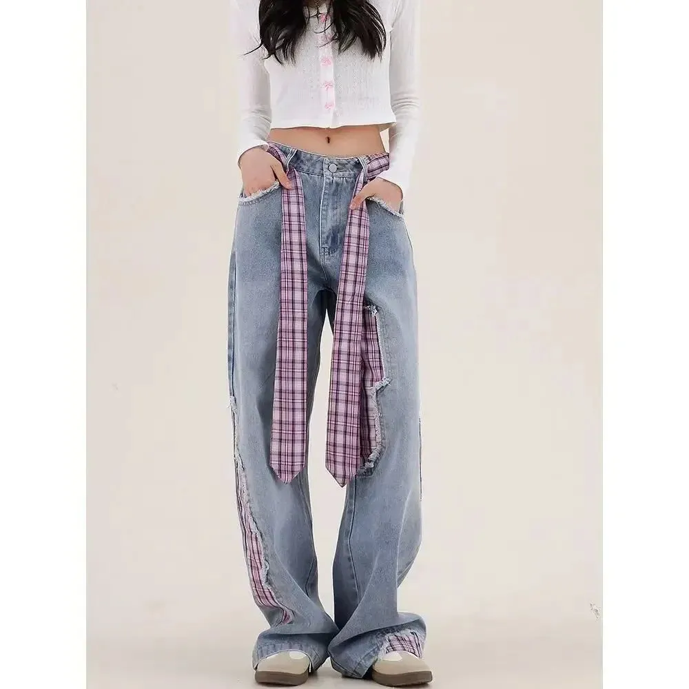Amozae-American women retro bow tie tied jeans with grid splicing Harajuku Y2k loose casual slimming wide leg pants jeans woman