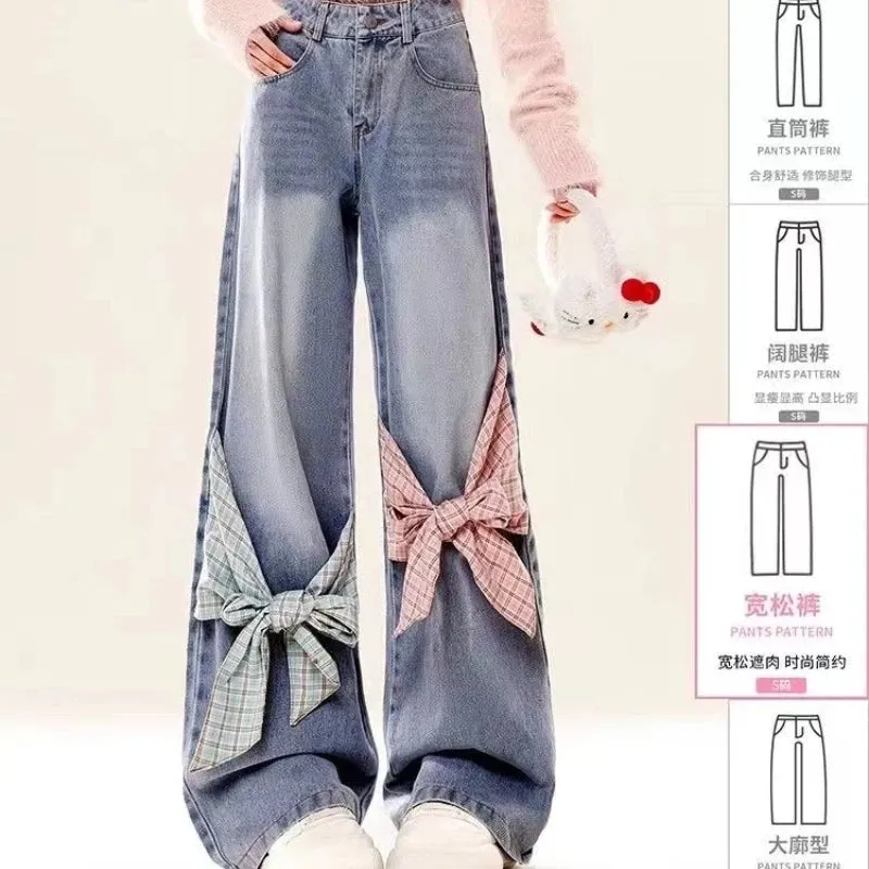 Amozae-New American retro gothic checkered patchwork women jeans with bow tie and loose bandwidth Y2k streetwear wide leg pants