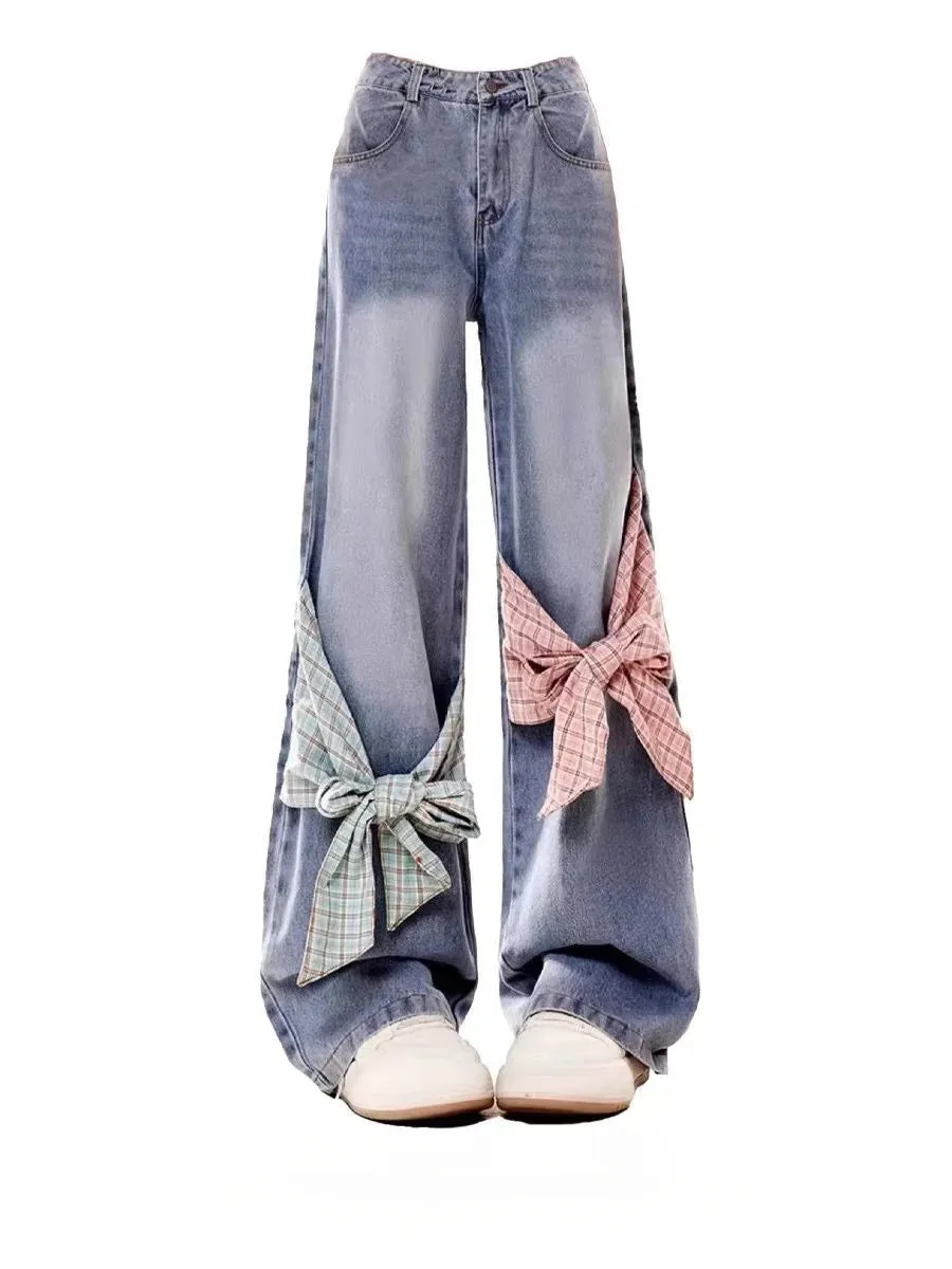 Amozae-New American retro gothic checkered patchwork women jeans with bow tie and loose bandwidth Y2k streetwear wide leg pants