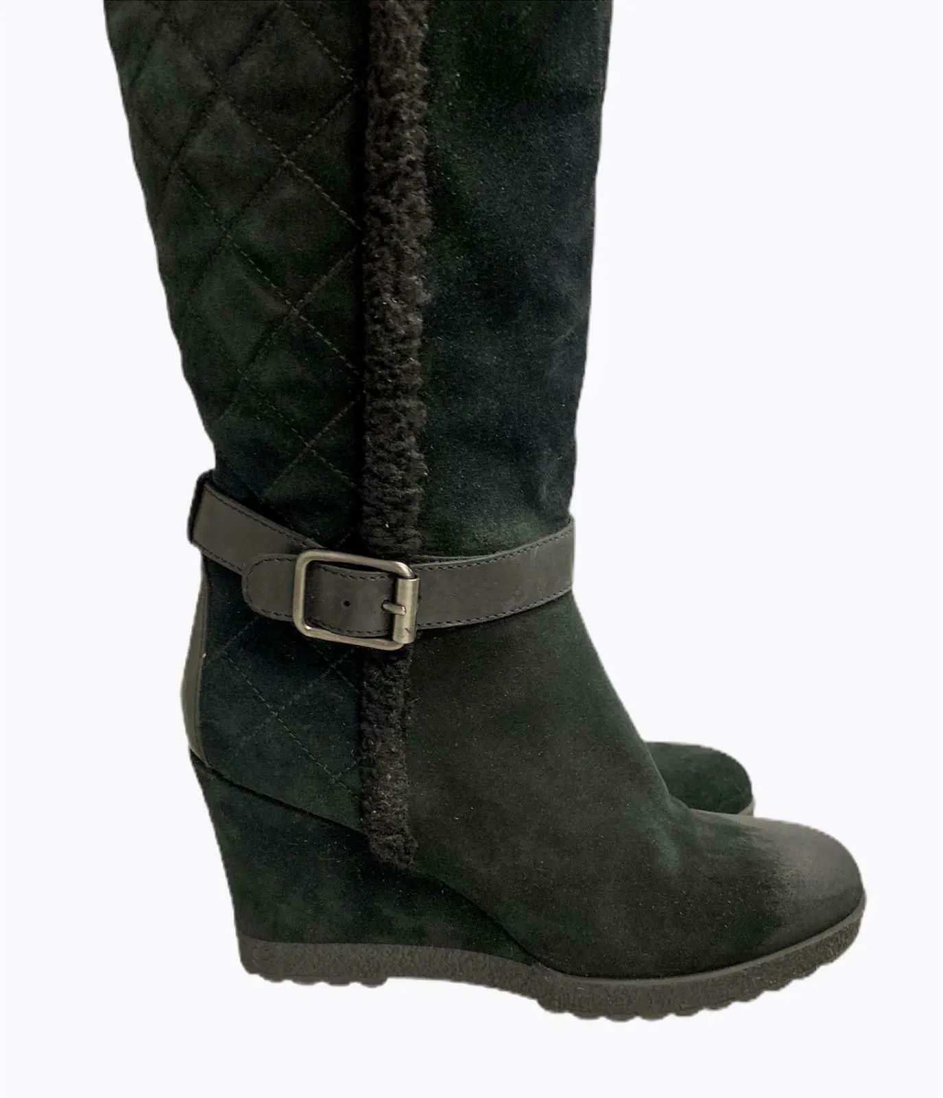 Aquatalia Women's Callie Black Suede Quilted Weatherproof Wedge Boot Size 9