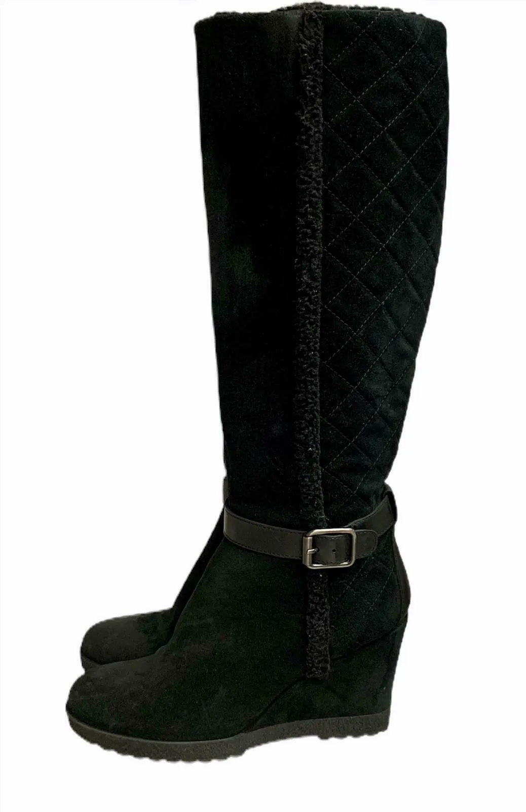 Aquatalia Women's Callie Black Suede Quilted Weatherproof Wedge Boot Size 9