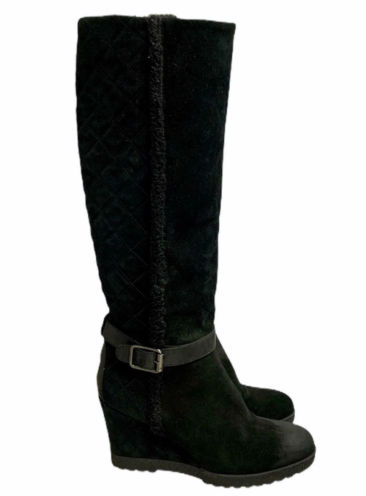 Aquatalia Women's Callie Black Suede Quilted Weatherproof Wedge Boot Size 9