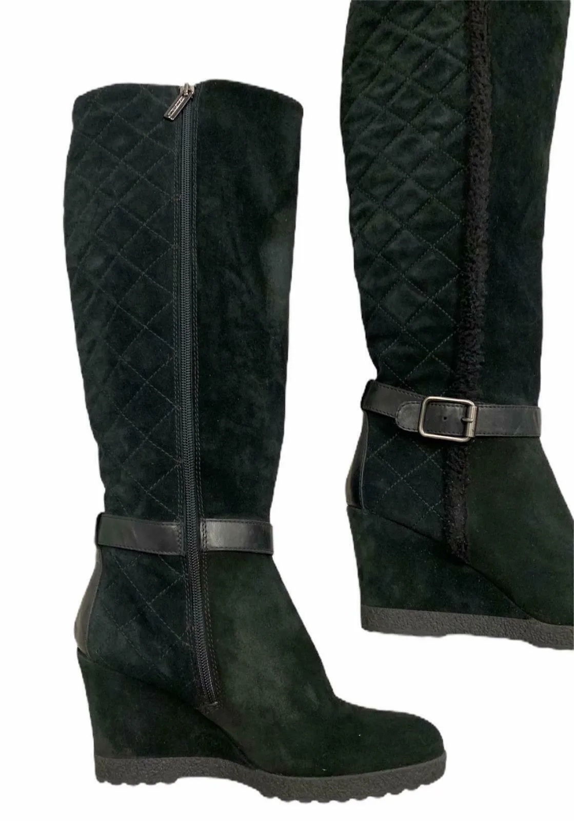 Aquatalia Women's Callie Black Suede Quilted Weatherproof Wedge Boot Size 9