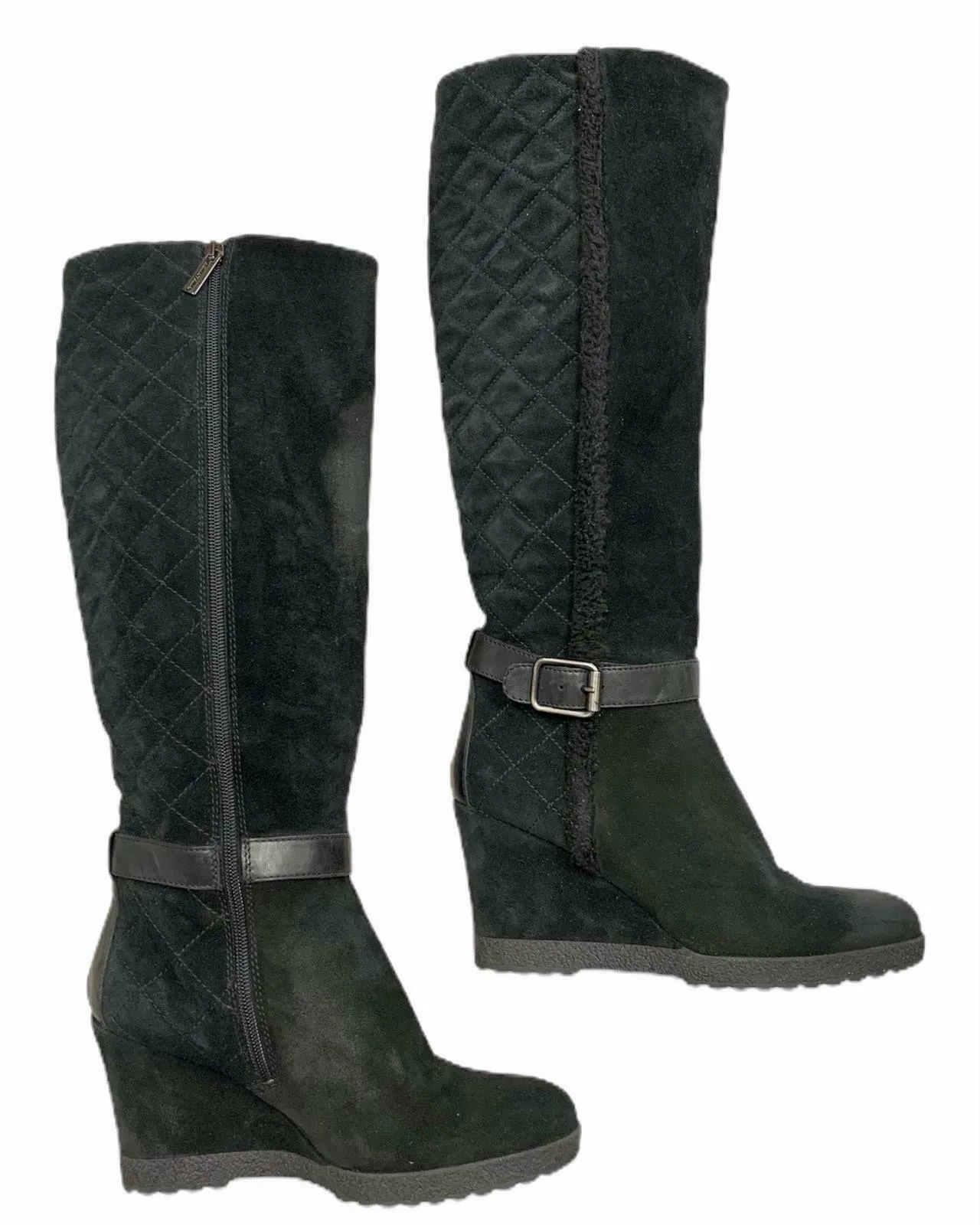 Aquatalia Women's Callie Black Suede Quilted Weatherproof Wedge Boot Size 9