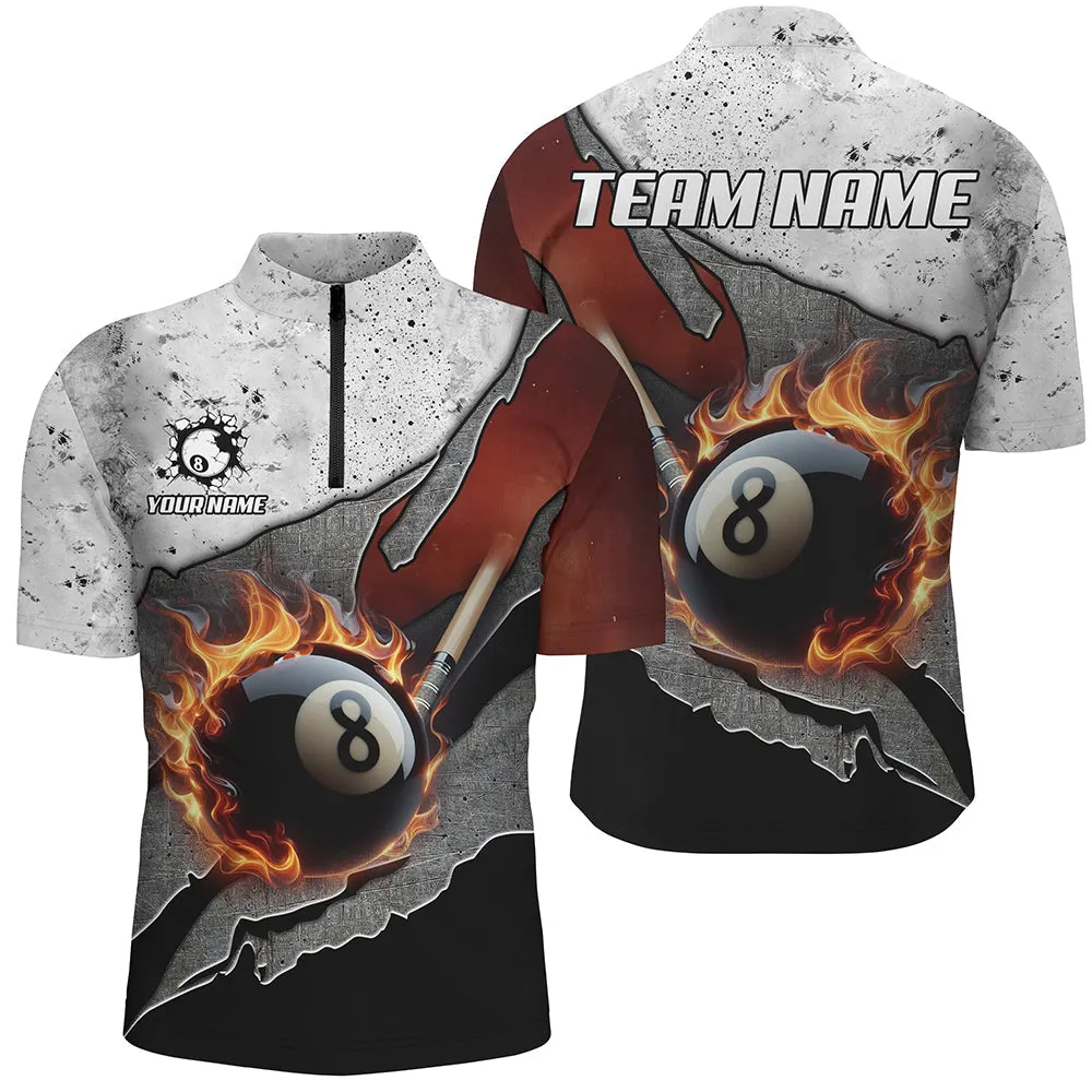 Billiard Grey Grunge Fire 8 Ball Pool Customized Name, Team Name 3D Jersey Shirt For Men