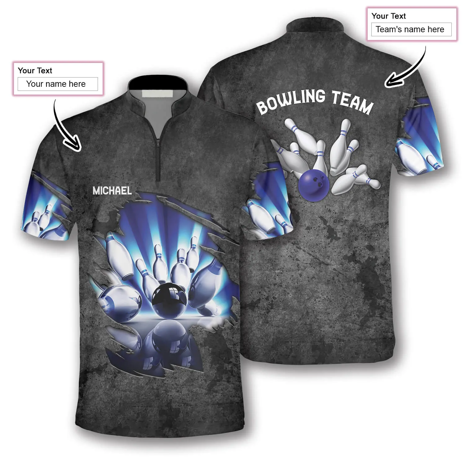 Blue Pins Grey Grunge Pattern Custom Bowling Jerseys for Men, Personalized Bowling 3D Shirt