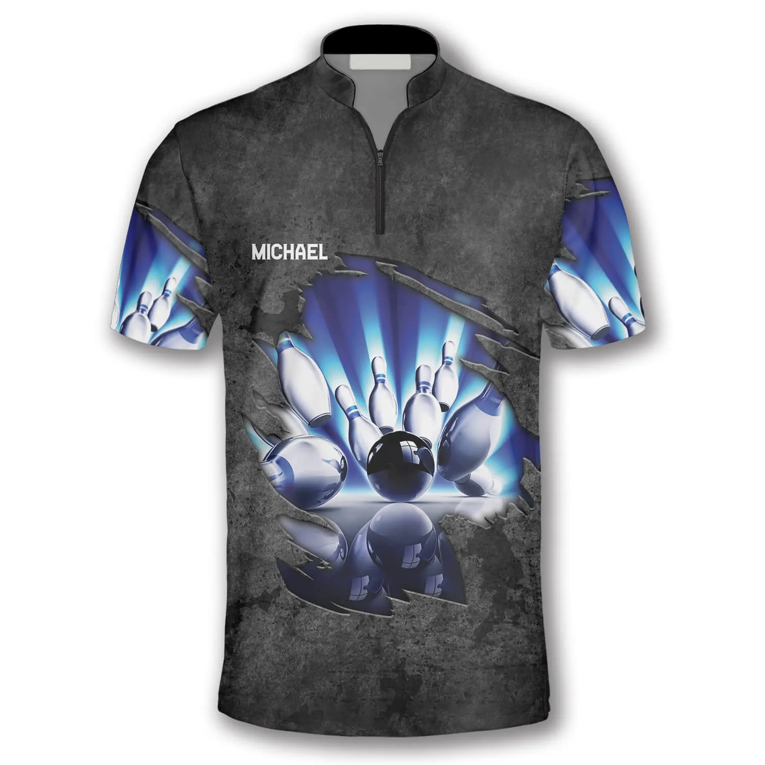 Blue Pins Grey Grunge Pattern Custom Bowling Jerseys for Men, Personalized Bowling 3D Shirt