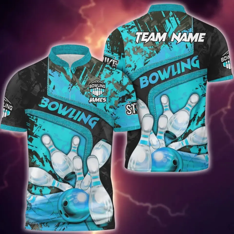 Bowling And Pins Abstract Grunge Texture, Multicolor Option Customized Name 3D Bowling Jersey Shirt