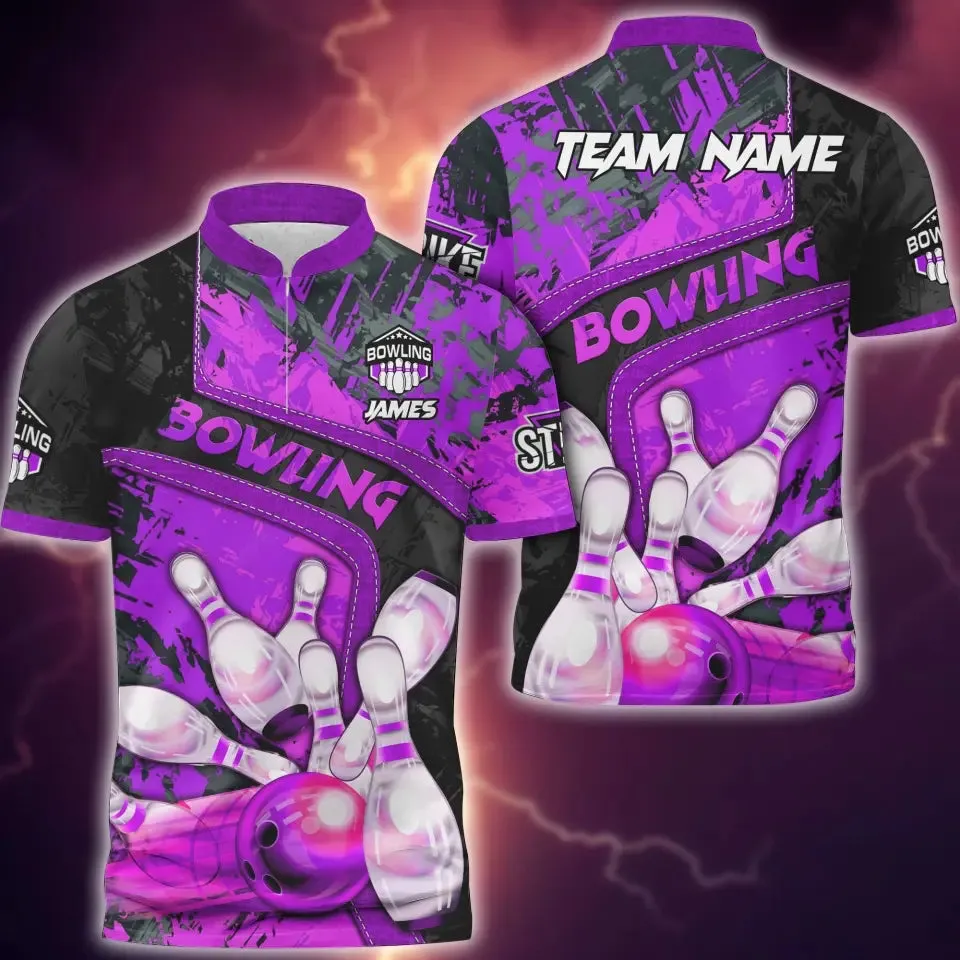 Bowling And Pins Abstract Grunge Texture, Multicolor Option Customized Name 3D Bowling Jersey Shirt