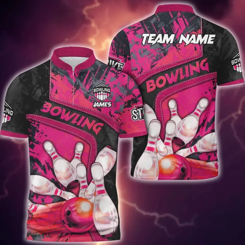Bowling And Pins Abstract Grunge Texture, Multicolor Option Customized Name 3D Bowling Jersey Shirt