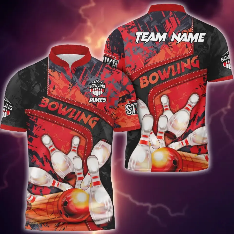 Bowling And Pins Abstract Grunge Texture, Multicolor Option Customized Name 3D Bowling Jersey Shirt