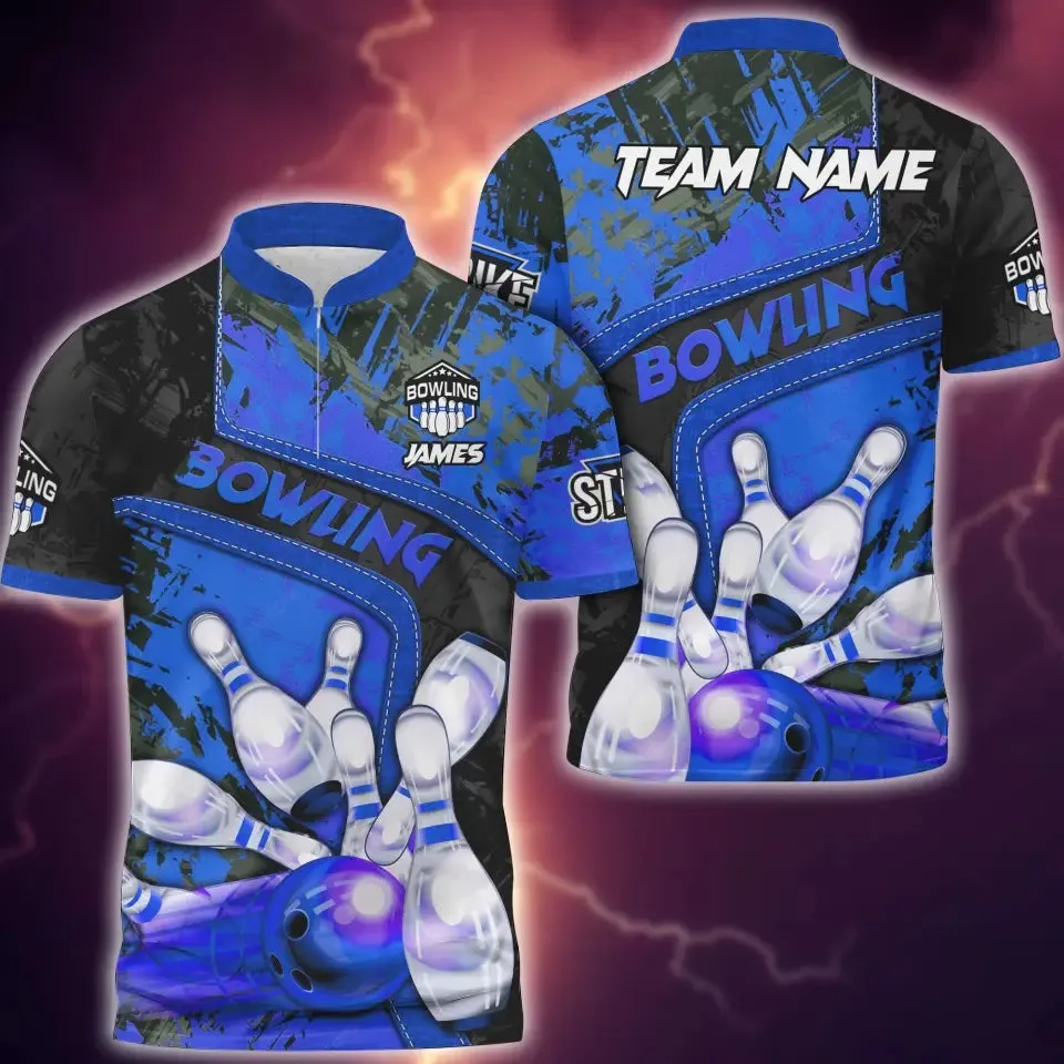Bowling And Pins Abstract Grunge Texture, Multicolor Option Customized Name 3D Bowling Jersey Shirt
