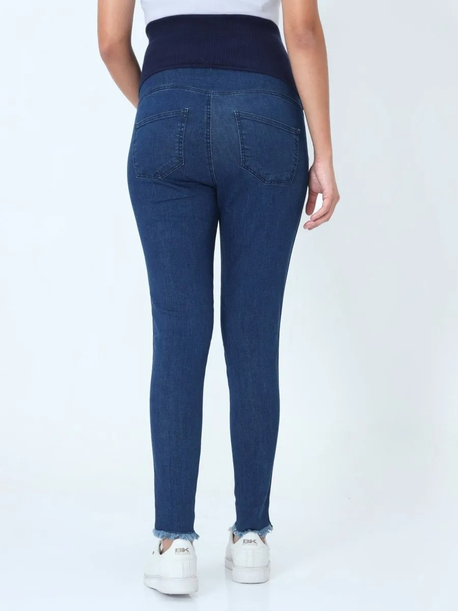 Distress Taped Maternity Denims with Belly Support-Blue