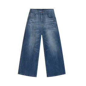 Fashion Men's Jeans 2024 Summer American Style Lightning Pattern Washed Loose Straight Wide Leg Denim Pants 9C6172