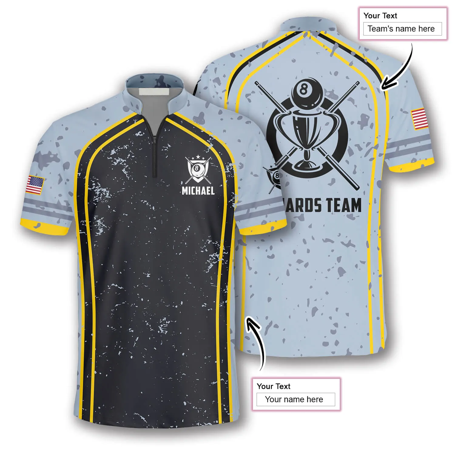 Grey Black Grunge Style Custom Billiard Jerseys for Men, 8 Ball Billiard Shirt