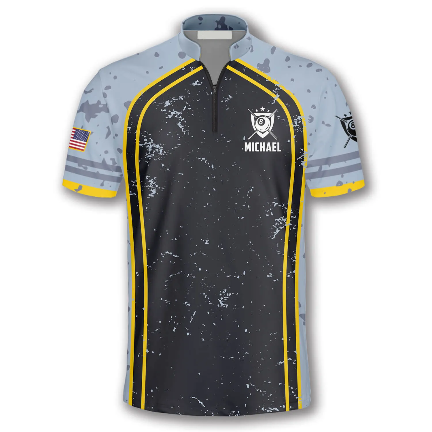 Grey Black Grunge Style Custom Billiard Jerseys for Men, 8 Ball Billiard Shirt
