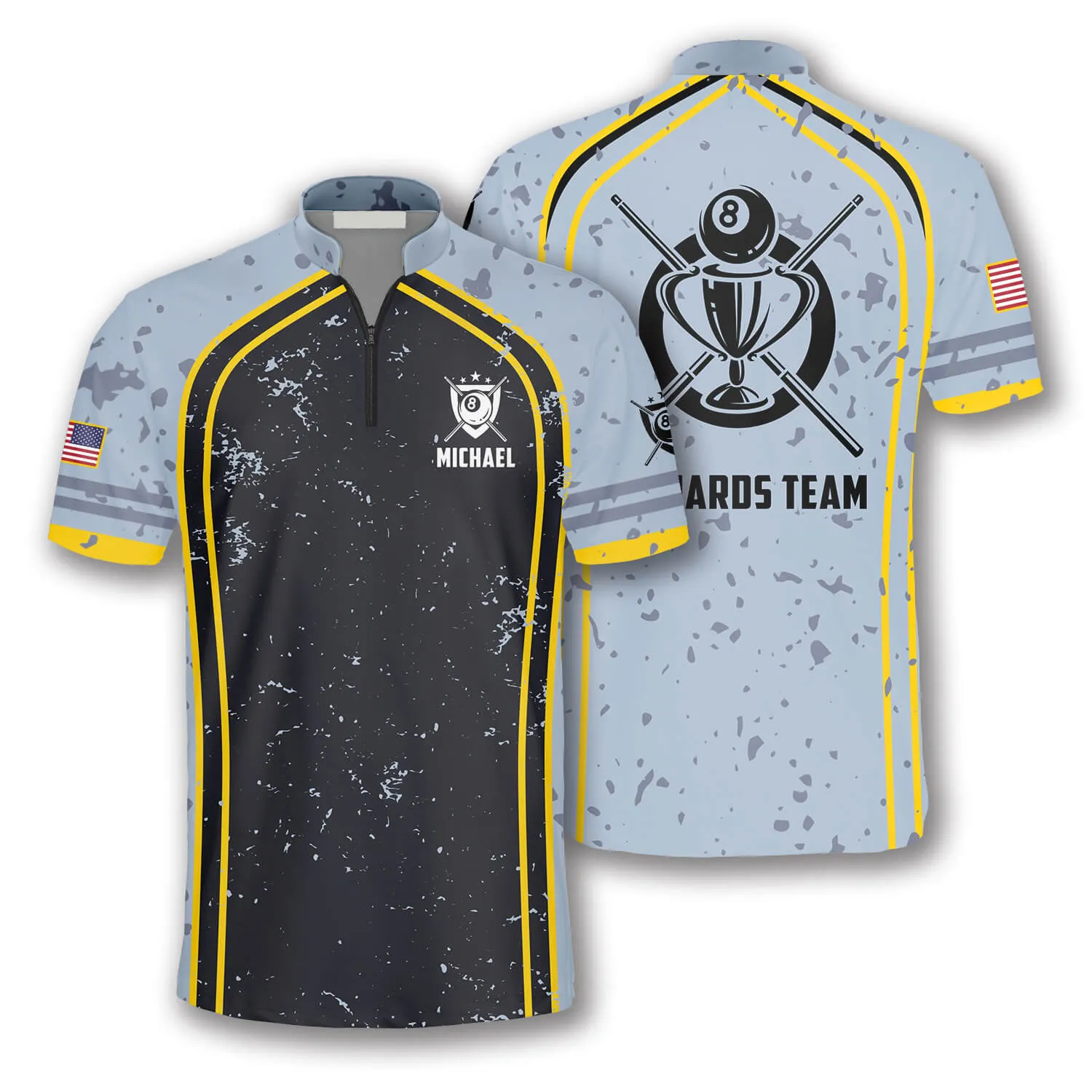 Grey Black Grunge Style Custom Billiard Jerseys for Men, 8 Ball Billiard Shirt