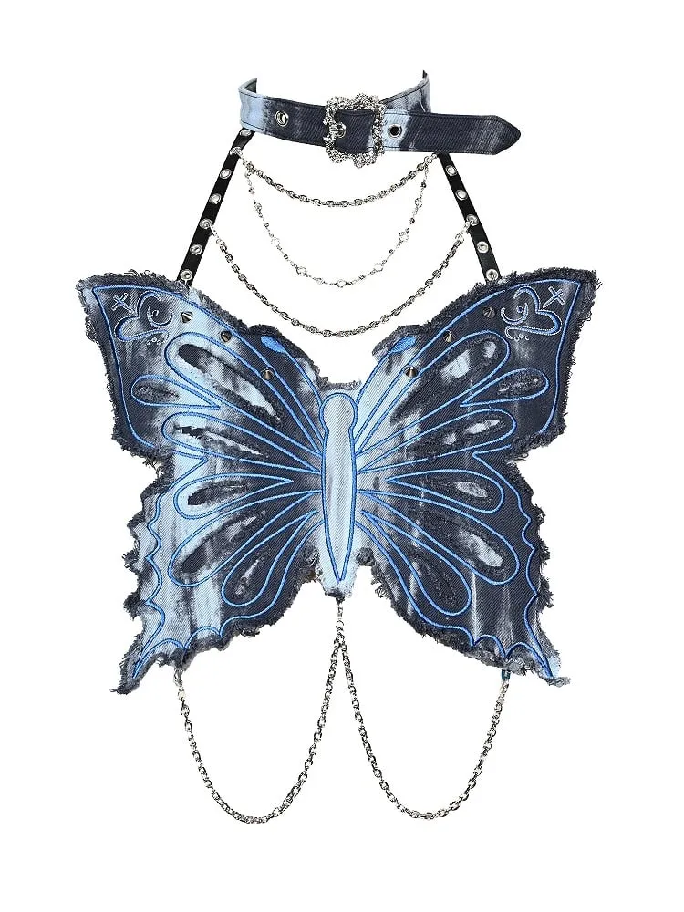 Grunge Punk Rock Fairycore Blue Tie Dye Butterfly Halter Neck Top Studs