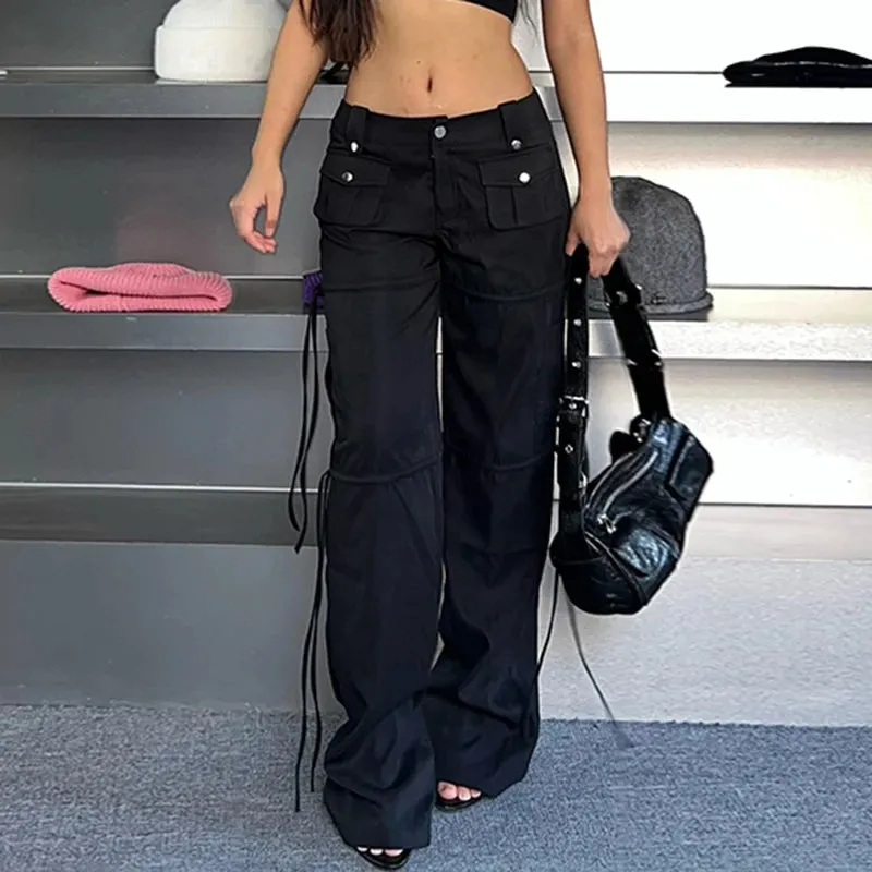Harajuku Low Waist Black Cargo Trousers Women Pockets Drawstring Casual Shirring Sweatpants Grunge Pants Ribbon