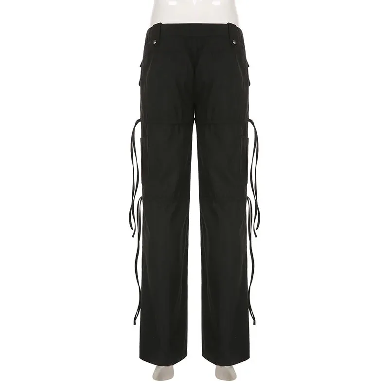 Harajuku Low Waist Black Cargo Trousers Women Pockets Drawstring Casual Shirring Sweatpants Grunge Pants Ribbon