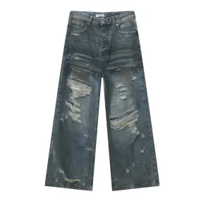 High Street Worn-out Male Denim Pants Straight Loose Men Jeans Washed Hole Design Hip Hop Zipper Men Clothing 9C6087