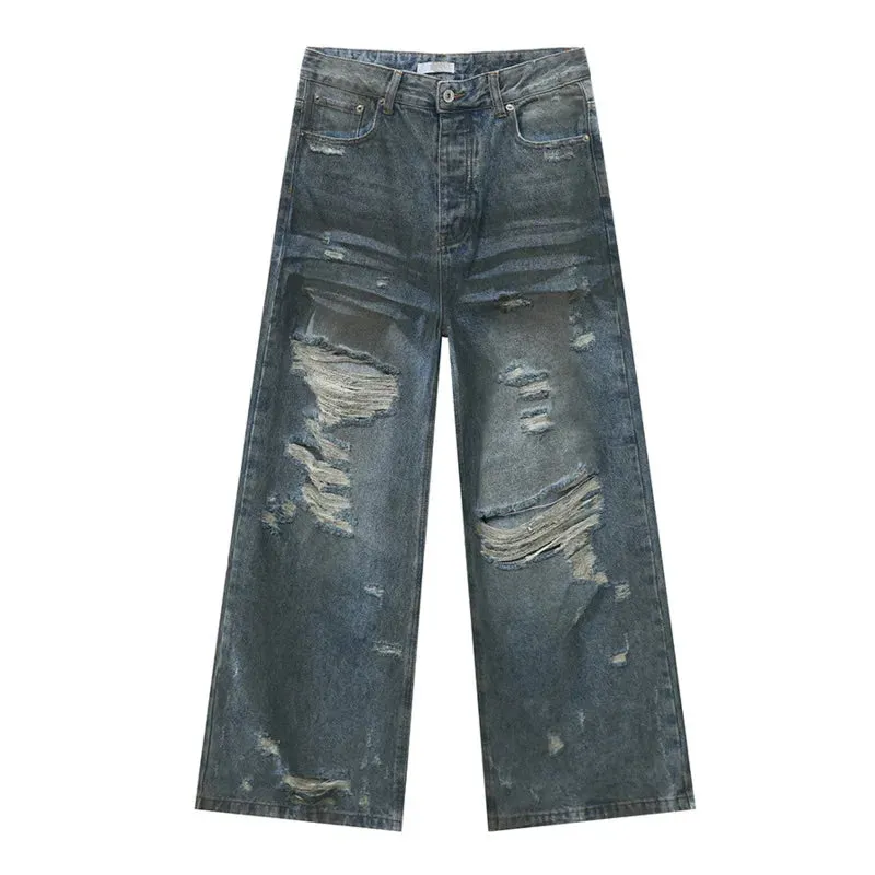High Street Worn-out Male Denim Pants Straight Loose Men Jeans Washed Hole Design Hip Hop Zipper Men Clothing 9C6087