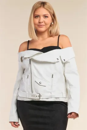 Junior Plus Size Snowball White Vegan Leather Off-The-Shoulder Oblique Zipper Belted Cropped Jacket /2-2-2