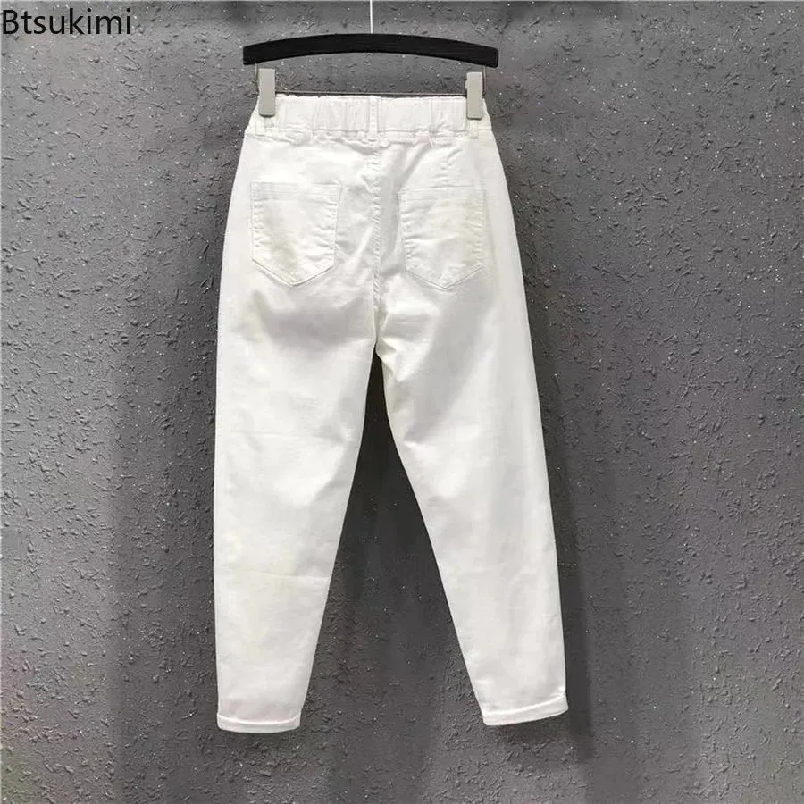 LVSANW 2024 Fashion Summer Women Harem Pants All-matched Casual Cotton Denim Pants Elastic Waist Solid Yellow White Jeans Female 3XL