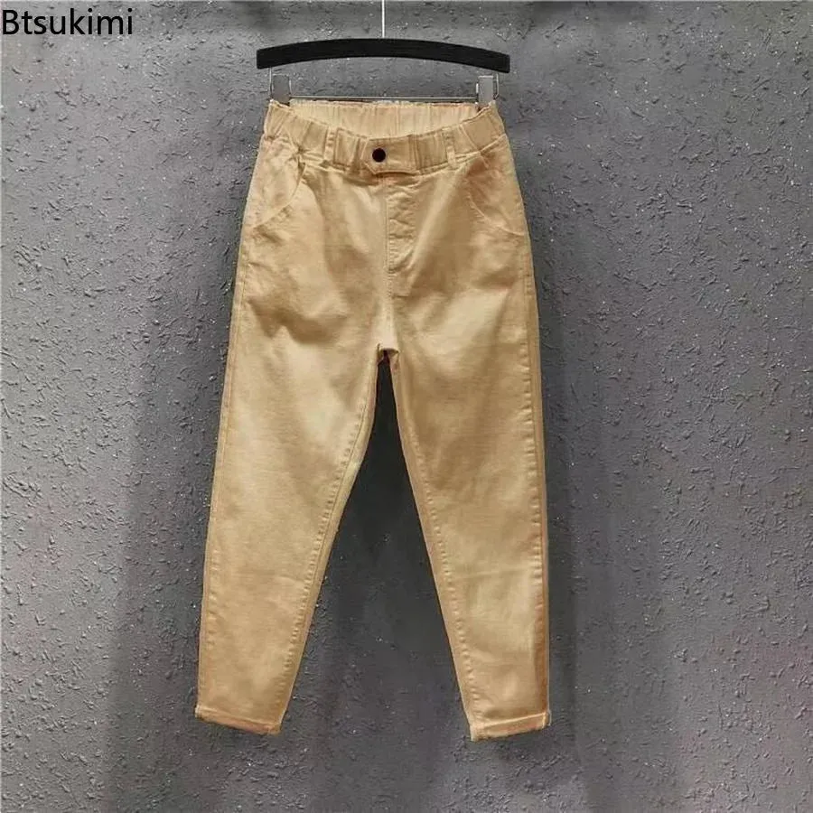 LVSANW 2024 Fashion Summer Women Harem Pants All-matched Casual Cotton Denim Pants Elastic Waist Solid Yellow White Jeans Female 3XL