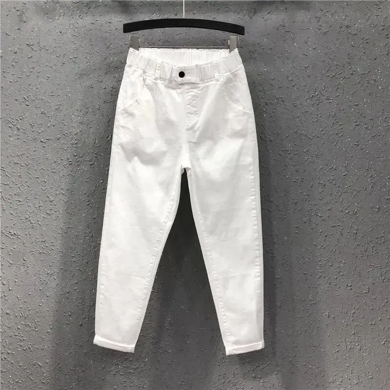 LVSANW 2024 Fashion Summer Women Harem Pants All-matched Casual Cotton Denim Pants Elastic Waist Solid Yellow White Jeans Female 3XL