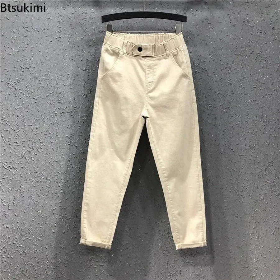 LVSANW 2024 Fashion Summer Women Harem Pants All-matched Casual Cotton Denim Pants Elastic Waist Solid Yellow White Jeans Female 3XL