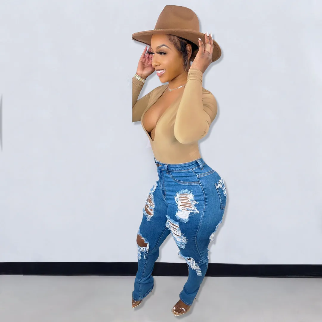 New Spring Cross-Border European And American Style Women's Popular Ripped Elastic Slit Skinny Jeans