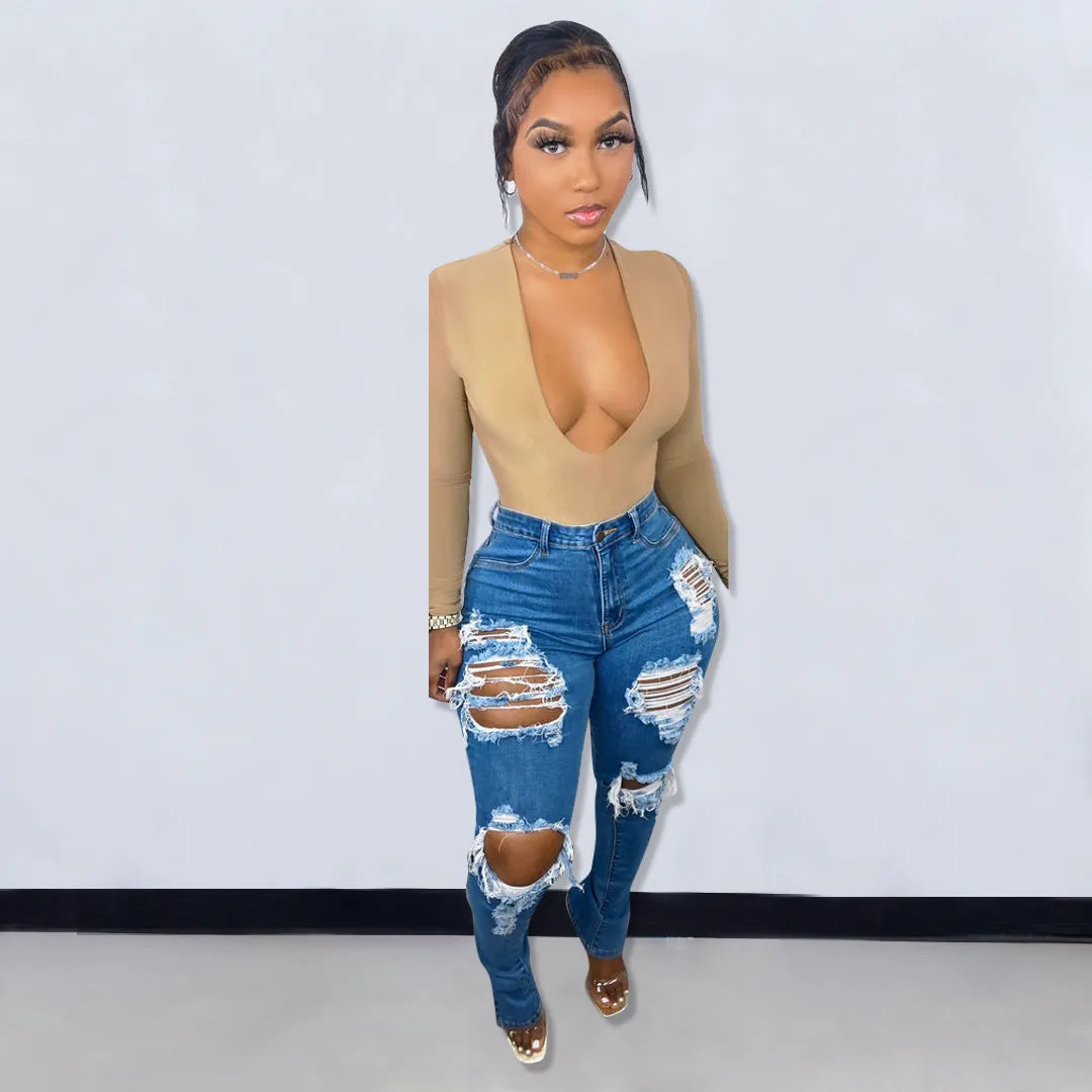 New Spring Cross-Border European And American Style Women's Popular Ripped Elastic Slit Skinny Jeans