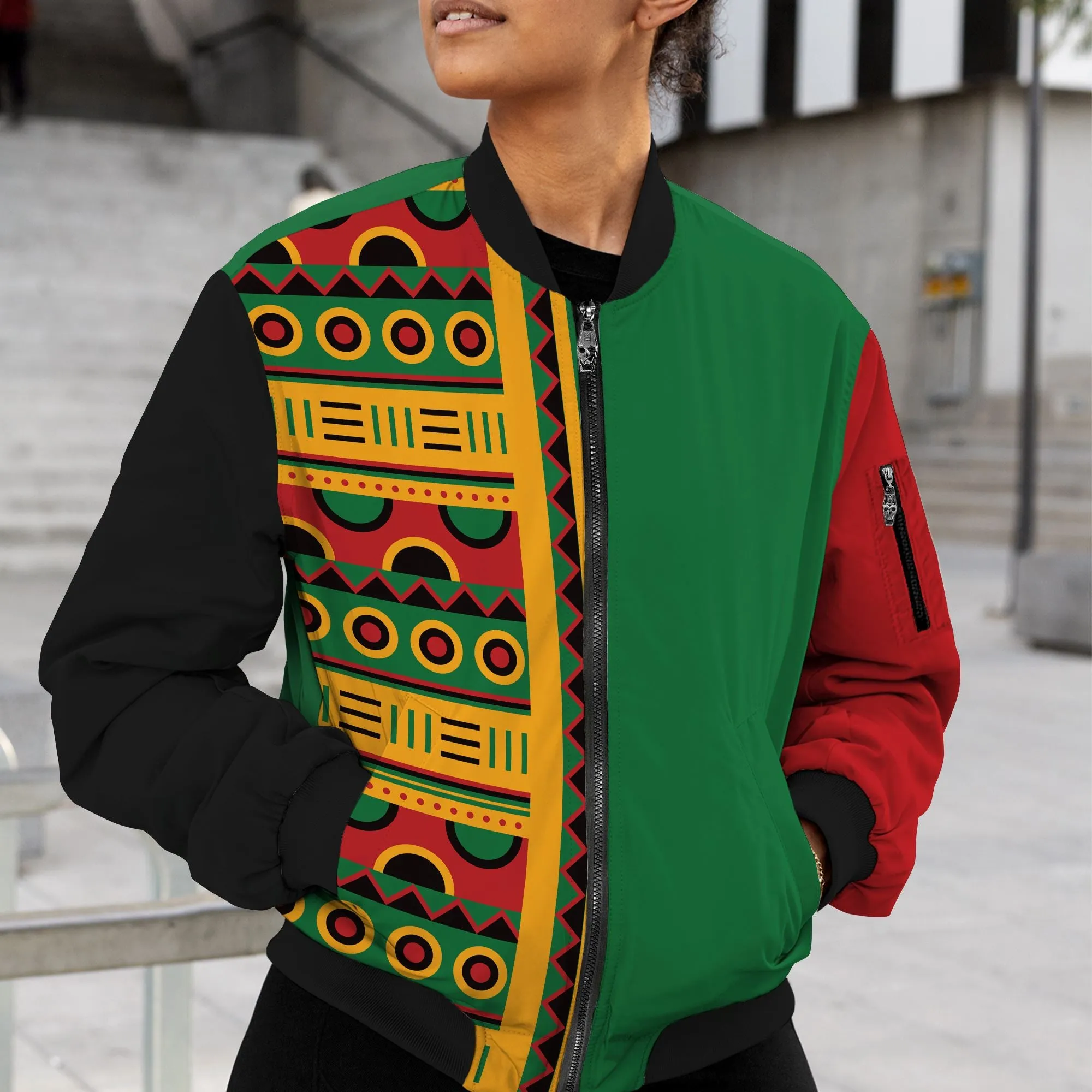 Vibrant Pan African Block Art & Patterned Bomber Jacket – Unisex Fashion Statement
