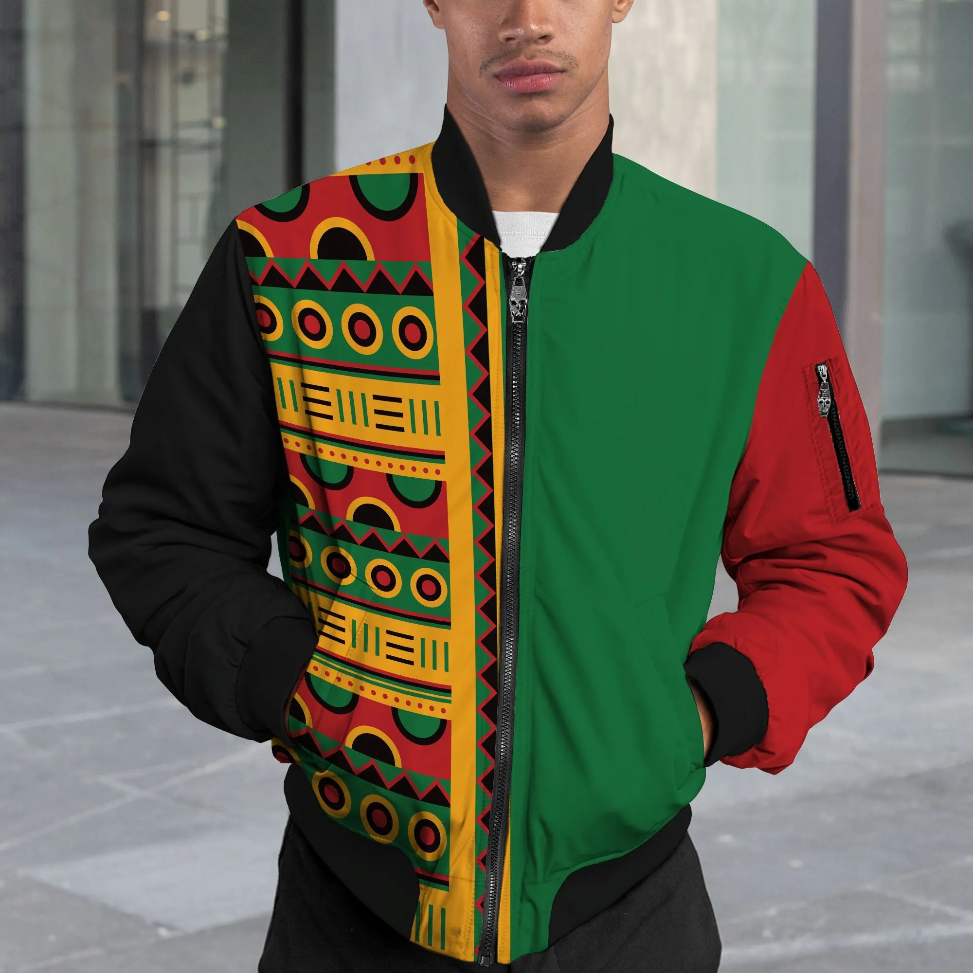 Vibrant Pan African Block Art & Patterned Bomber Jacket – Unisex Fashion Statement