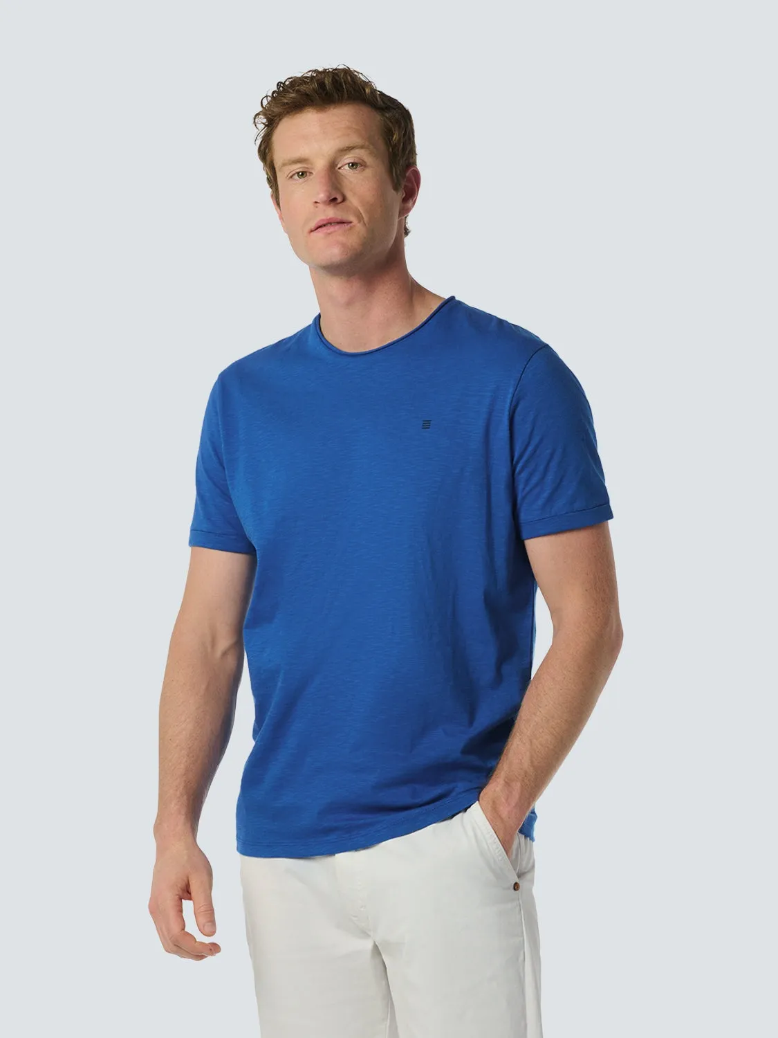 Round Neck T-Shirt with Rolled Sleeve Cuffs and Subtle Logo Print | Cobalt
