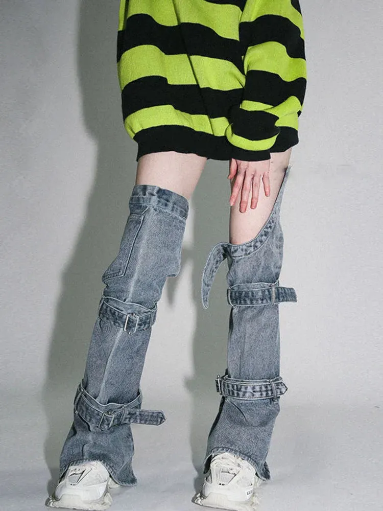 Summer Harajuku Women Denim Leggings Personality Bandage Korean Ladies Leg Sleeve Casual Fashion Femme Bottoms