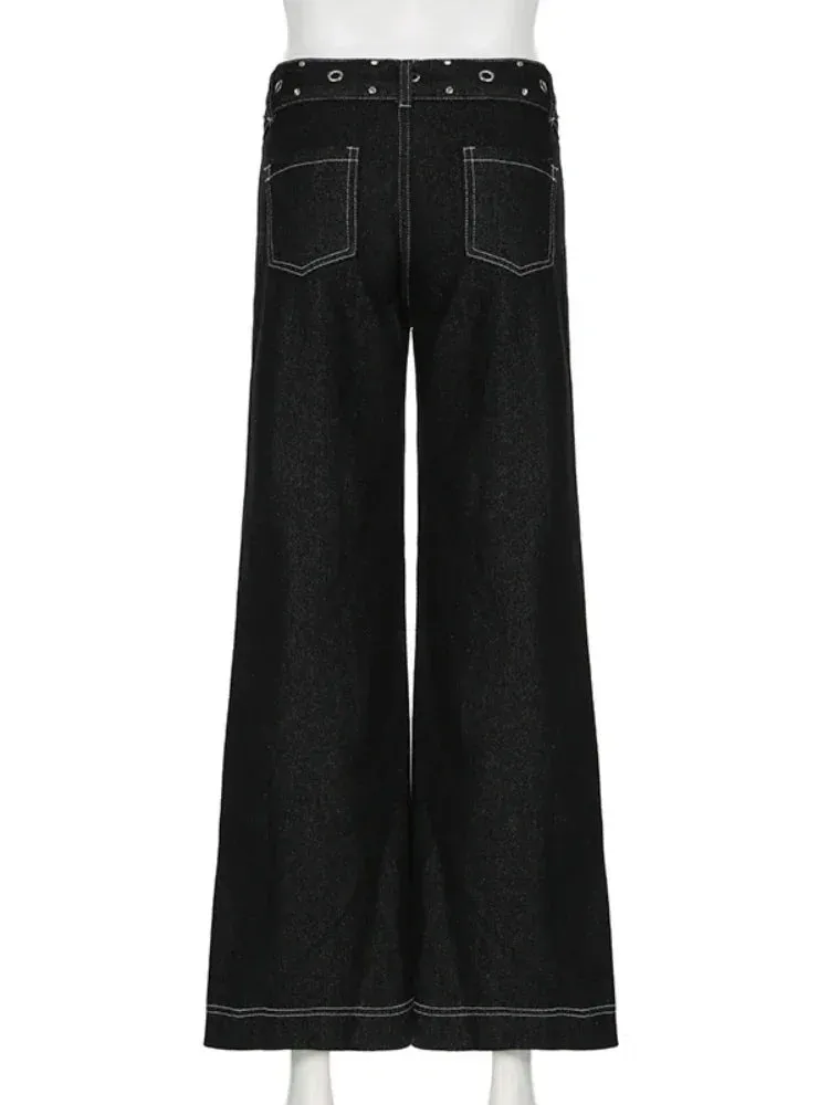 TAVIMART  -  New Punk Gothic Denim Pants Women Y2K Vintage Streetwear Harajuku Y2k E-girl High Waist Wide Leg Pants Emo Alt Jeans Femme