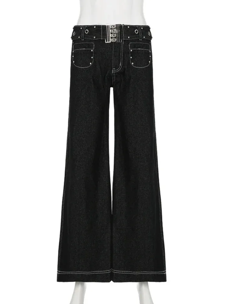 TAVIMART  -  New Punk Gothic Denim Pants Women Y2K Vintage Streetwear Harajuku Y2k E-girl High Waist Wide Leg Pants Emo Alt Jeans Femme