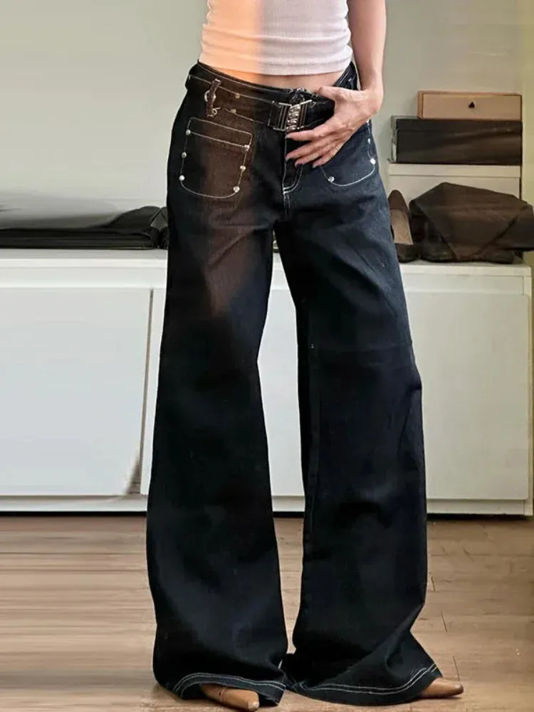 TAVIMART  -  New Punk Gothic Denim Pants Women Y2K Vintage Streetwear Harajuku Y2k E-girl High Waist Wide Leg Pants Emo Alt Jeans Femme