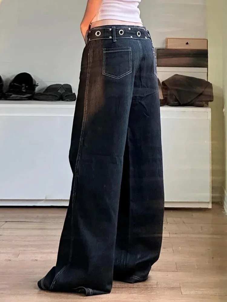 TAVIMART  -  New Punk Gothic Denim Pants Women Y2K Vintage Streetwear Harajuku Y2k E-girl High Waist Wide Leg Pants Emo Alt Jeans Femme