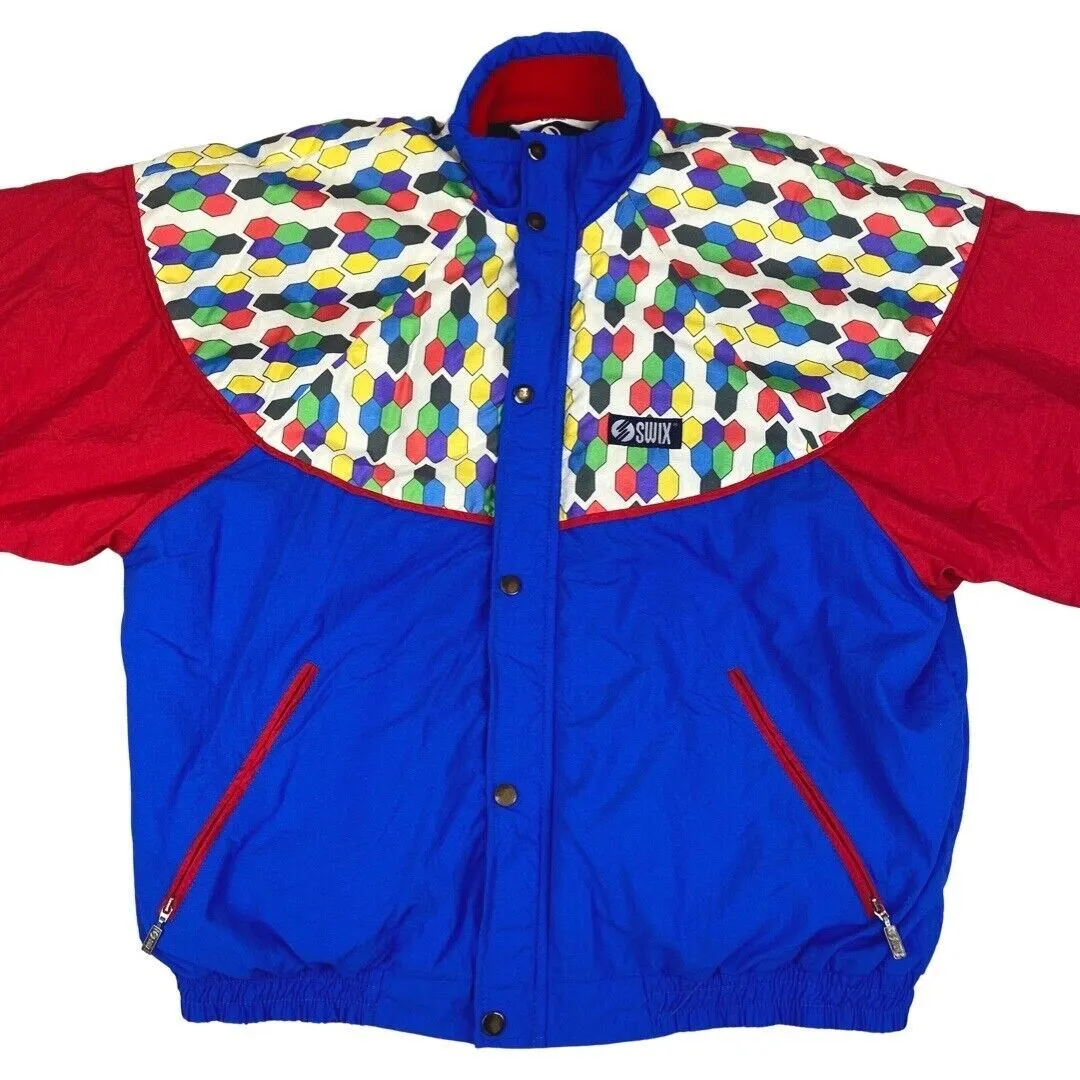Vintage 80s Red Blue Patterned Ski Bomber Jacket XL