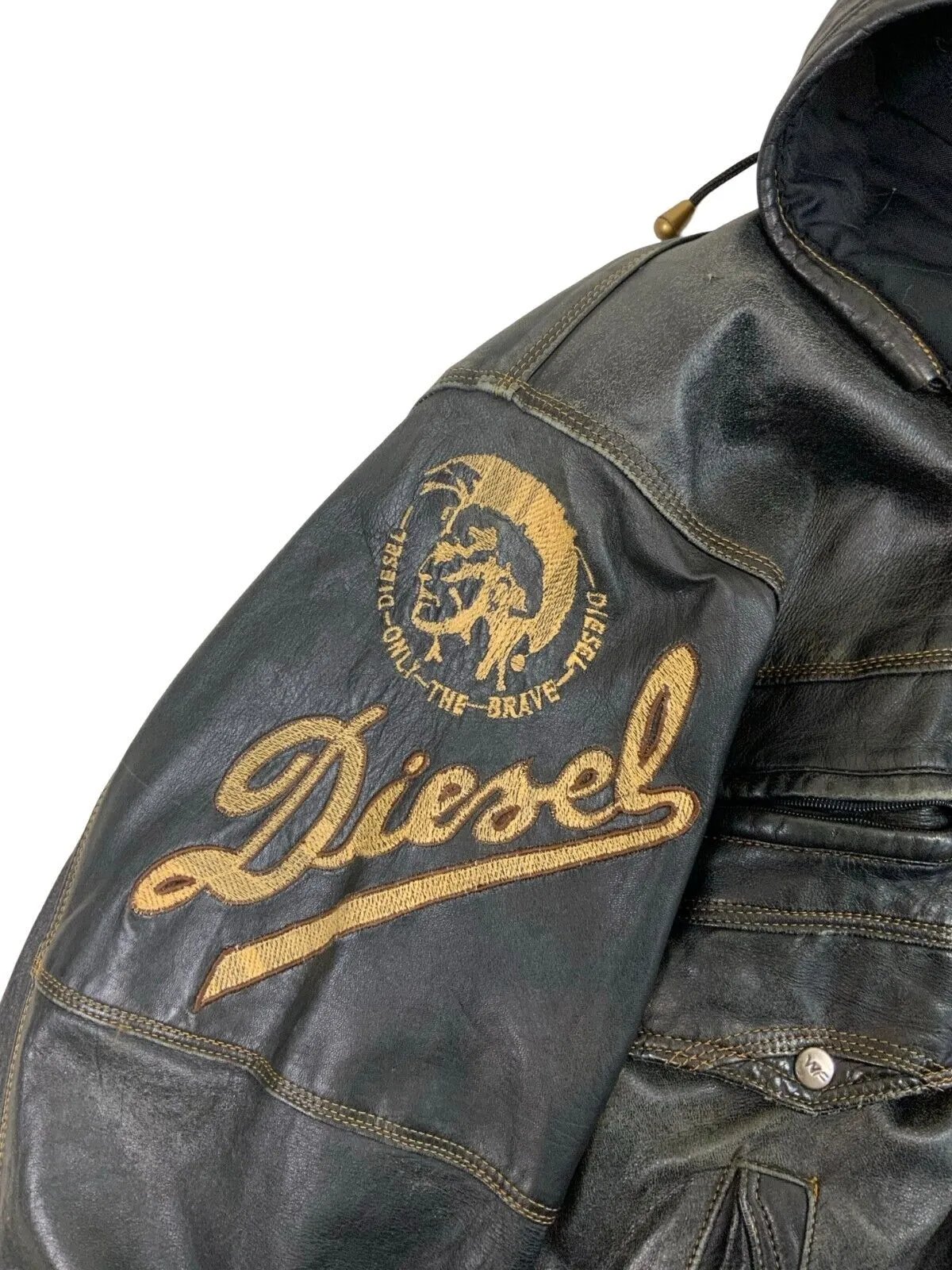 VTG DIESEL HOODED  BLACK LEATHER BOMBER JACKET SIZE XL