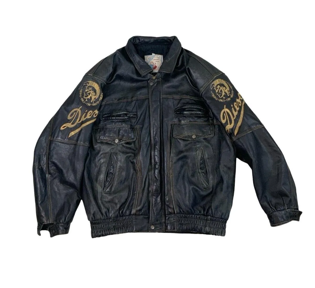 VTG DIESEL HOODED  BLACK LEATHER BOMBER JACKET SIZE XL