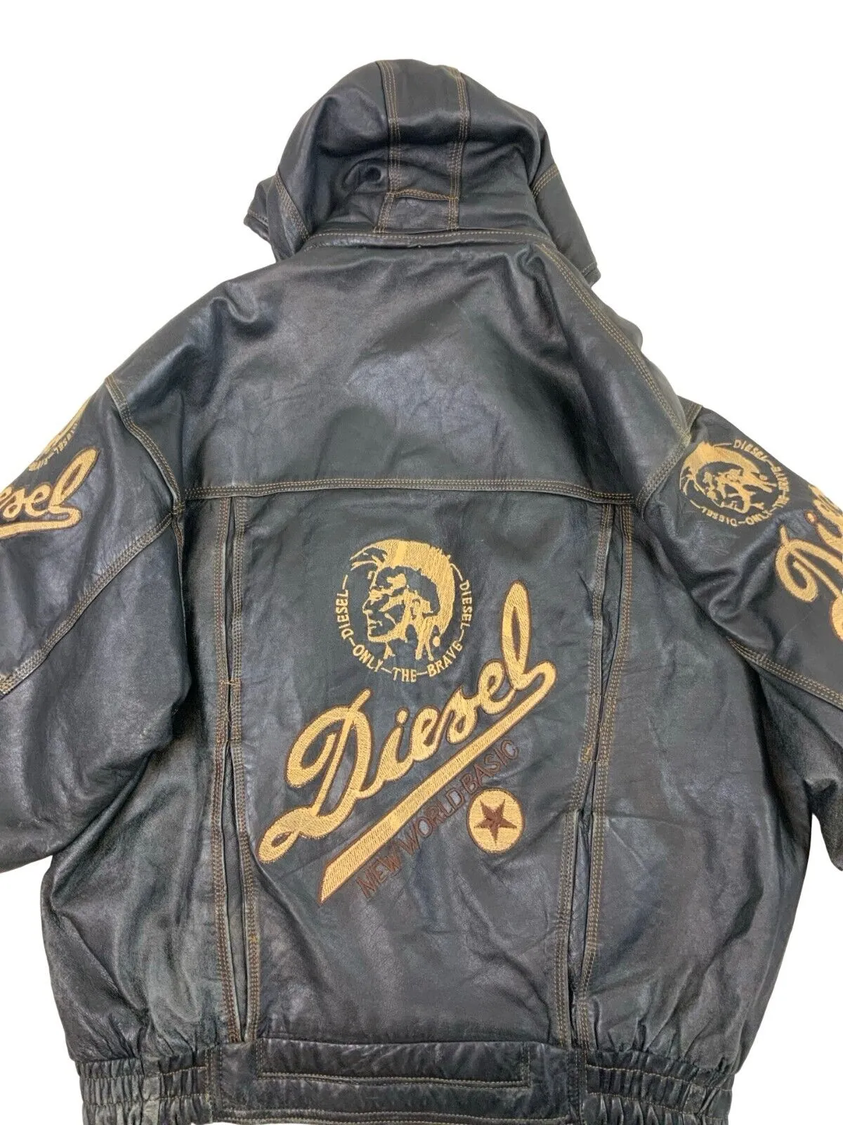VTG DIESEL HOODED  BLACK LEATHER BOMBER JACKET SIZE XL