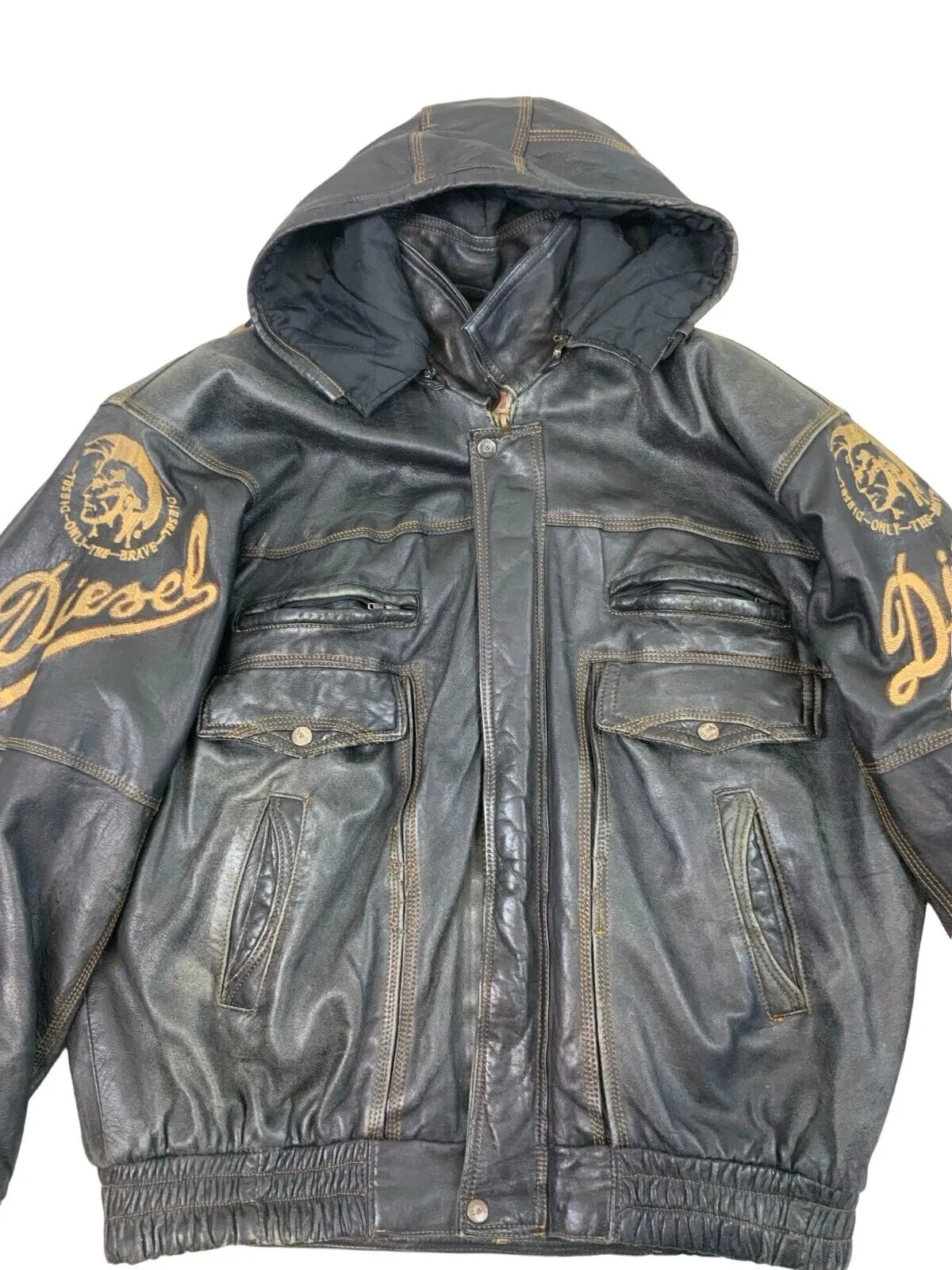 VTG DIESEL HOODED  BLACK LEATHER BOMBER JACKET SIZE XL
