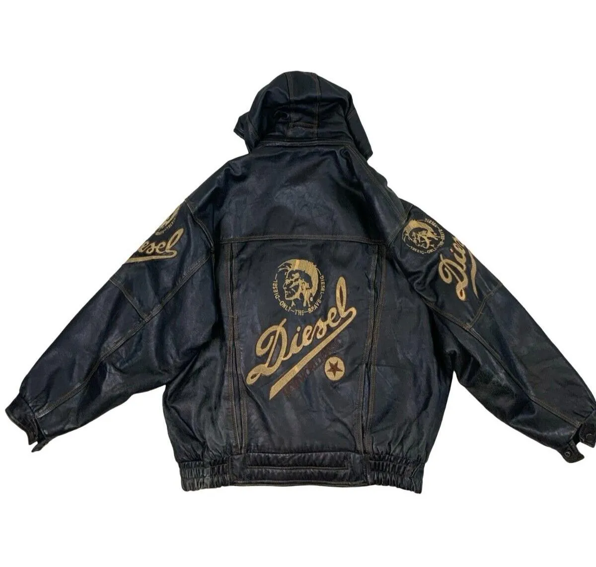 VTG DIESEL HOODED  BLACK LEATHER BOMBER JACKET SIZE XL