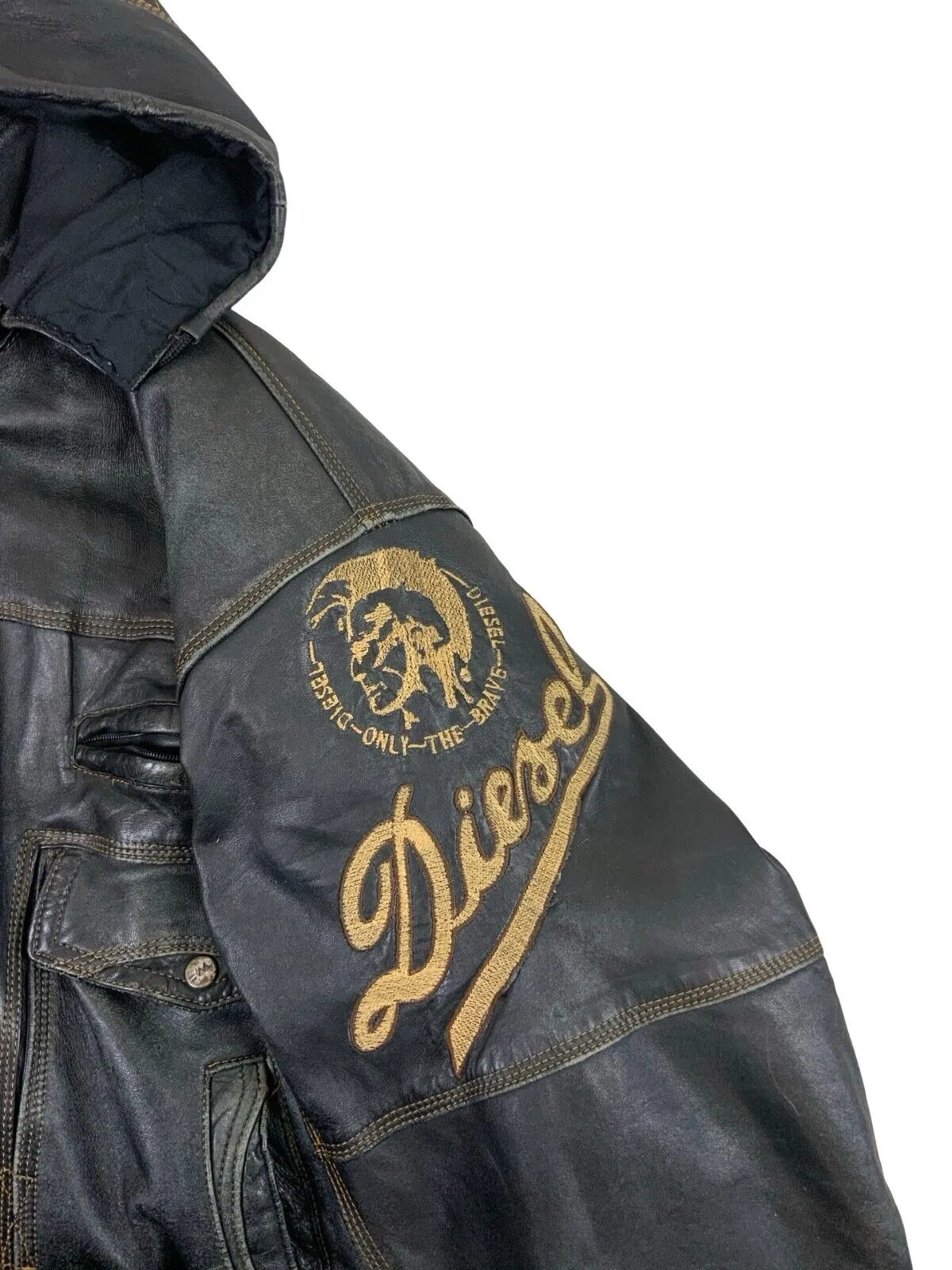VTG DIESEL HOODED  BLACK LEATHER BOMBER JACKET SIZE XL